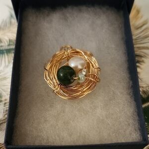 Elegant Gold Wire Nest Pendant with Pearl and Green Stone